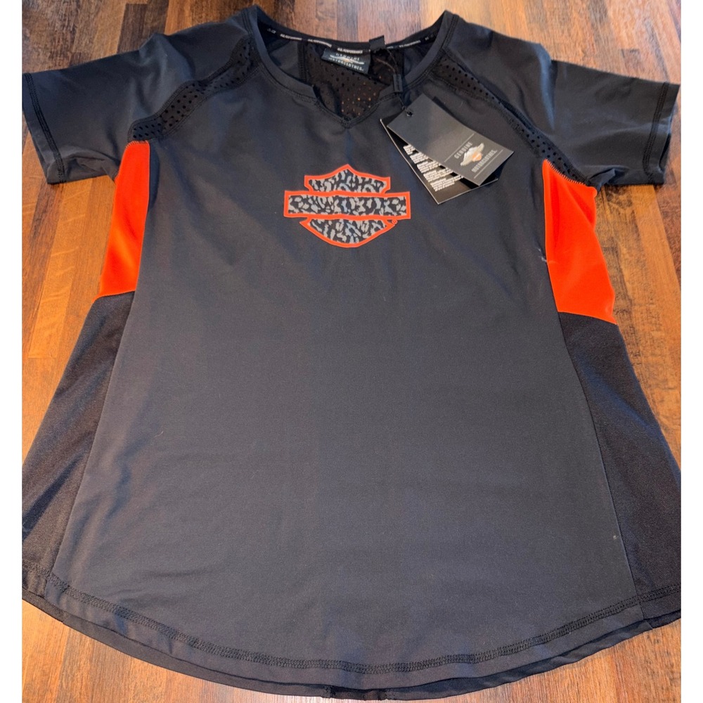 Harley-Davidson Womens Performance T-Shirt Leopard Logo Black Orange XL NWT